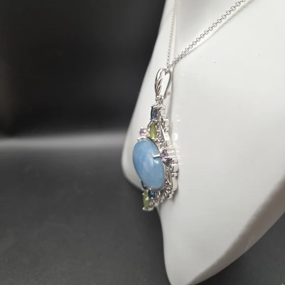 S/S Filigree Pendant Necklace with Blue Center And Multicolor Accent Stones - Picture 3 of 6